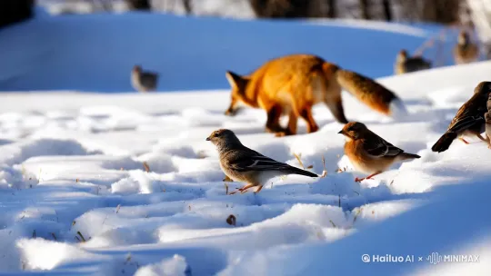 在村庄的一角,几只麻雀在雪地上跳跃,它们用尖锐的小嘴啄食着雪下隐藏的种子和谷物。它们的羽毛在阳光下闪耀着淡淡的光泽,而它们在雪地上留下的细小足迹,像是精心编排的图案,为雪地增添了一丝俏皮。
在不远处,一只狐狸悄悄地穿行在雪地里,它的毛色与雪地形成鲜明对比。它那灵巧的身影在雪地上留下了一串轻盈的脚印,时而深,时而浅,仿佛在雪地上绘制着一幅幅生动的画作。狐狸时而停下脚步,警觉地倾听四周的声音,时而快速奔跑,捕捉着冬日里的猎物。
在村庄的另一侧,一群兔子在雪地上嬉戏,它们那柔软的毛皮在雪地的映衬下显得更加温暖。兔子们在雪地上跳跃、翻滚,它们的足迹形成了一幅幅可爱的图案,有时还故意留下一两个深坑,仿佛在邀请其他动物一起玩耍。
而在村庄的中央,一只老狗缓缓地在雪地上散步,它的脚步沉稳而有力,留下了一串深深的足迹。老狗偶尔停下,用鼻子轻轻嗅着雪地,似乎在寻找着什么,或是在享受这冬日的宁静。 by Hailuo AI Video Generator