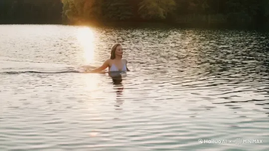 一个美女身穿泳衣，在湖边上悠闲地游泳，太阳的阳光柔和的打在她身上，优雅而美好，镜头逐渐推进，聚焦于她的泳衣上 by Hailuo AI Video Generator