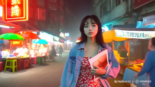 
在 90 年代重庆街头的迷离夜色中，霓虹灯光肆意闪烁。一个身着修身吊带碎花裙、外搭宽松牛仔外套的 20 岁亚洲女孩，手持旧照片，缓缓踱步。她眼中满是寻觅，脚步带着彷徨。街边热闹的茶餐厅、喧嚣的街市，都与她的孤独形成鲜明对比。 by Hailuo AI Video Generator
