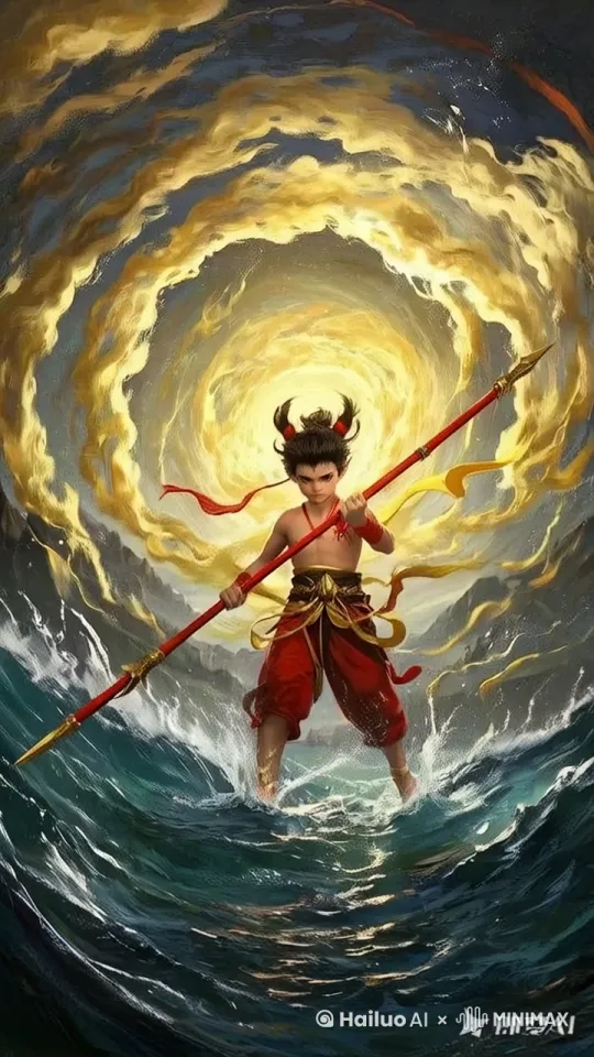 漩涡顺势旋转，巨浪翻滚，一个金色的身影破水而出，手持红缨枪，身披混天绫，脚踏风火轮，正是哪吒。他目光如炬，直视前方，仿佛在挑战整个世界。 by Hailuo AI Video Generator