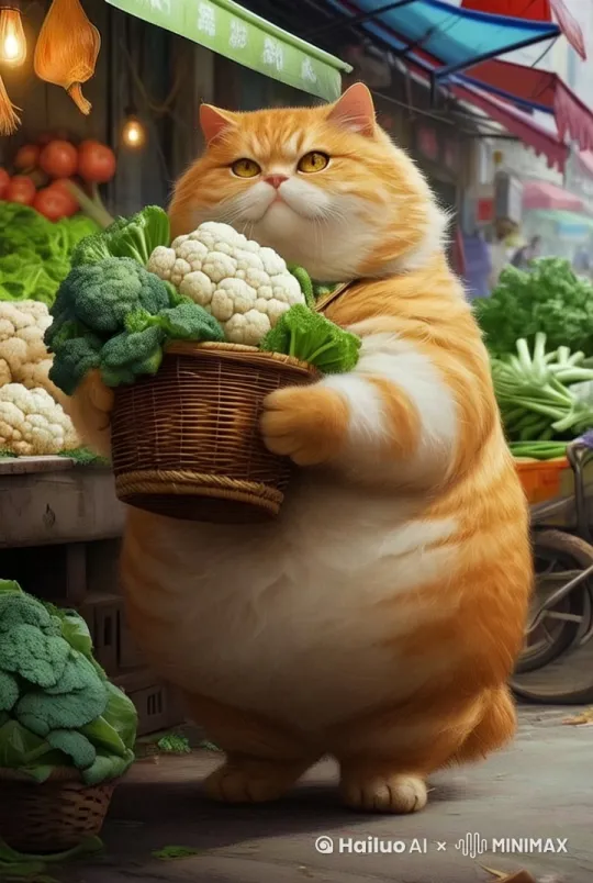 胖猫咪抱着手里的菜篮子向前走 by Hailuo AI Video Generator