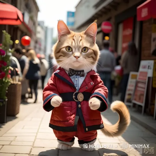 
一只穿着时尚红色带黑色镶边外套（腰间配有金色装饰扣腰带）、戴着领结且内搭格子衬衫的可爱猫咪，站在一条热闹的街道上，街道两旁有各种店铺，红色的遮阳篷点缀其间，周围还有行人来来往往，猫咪微微抬起两只前爪，表情呆萌又带着一丝好奇，背景中街道的氛围热闹且充满生活气息，整个画面以明亮的色调为主，呈现出一种轻松有趣的感觉，视频时长15秒。 by Hailuo AI Video Generator