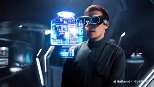 "Engineer wearing AR glasses, holographic 3D model interface projected in front of eyes, first-person perspective, glowing digital elements, ultra-realistic, 8K, cyberpunk aesthetic, --v 5 --ar 16:9" by Hailuo AI Video Generator