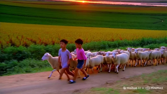 1987年，黄淮平原，夏日黄昏，几个小孩子穿着短裤沿着乡间小路赶着一群羊向家走去，背后是一大片庄稼，远处是一条小河，夕阳映满了天际 by Hailuo AI Video Generator
