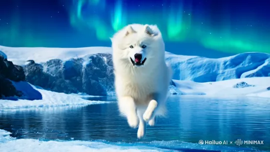 极光下的雪地，萨摩耶纵身跃过冰溪，鼻尖雪花凝结，特写瞳孔倒映星空，连续奔跑中毛发随风纹丝不乱。
关键词：多角度面部一致性、超写实环境 by Hailuo AI Video Generator