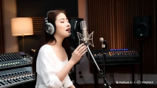 镜头捕捉到一位美丽的女歌手在录音棚里对着话筒深情地唱歌，她戴着耳机，穿着一身白色休闲服。 by Hailuo AI Video Generator