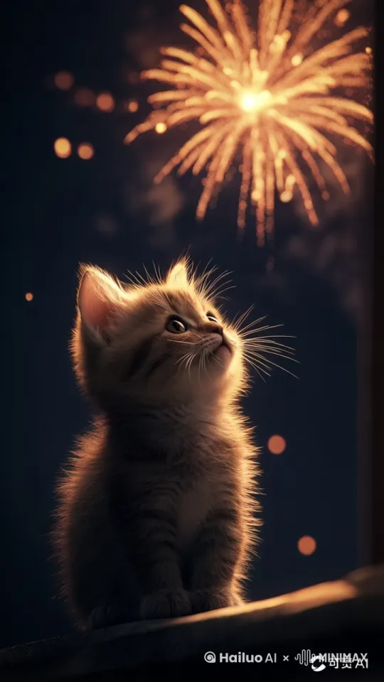 小猫在新年看烟花绽放 by Hailuo AI Video Generator
