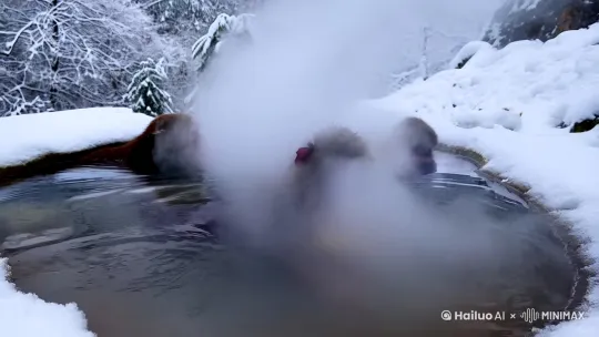 大雪飞舞的冬季，一潭温泉冒着腾腾热气[推进]，画面中几只猕猴在温泉中泡澡。一只猕猴边泡澡边啃桃子，写实风格。 by Hailuo AI Video Generator