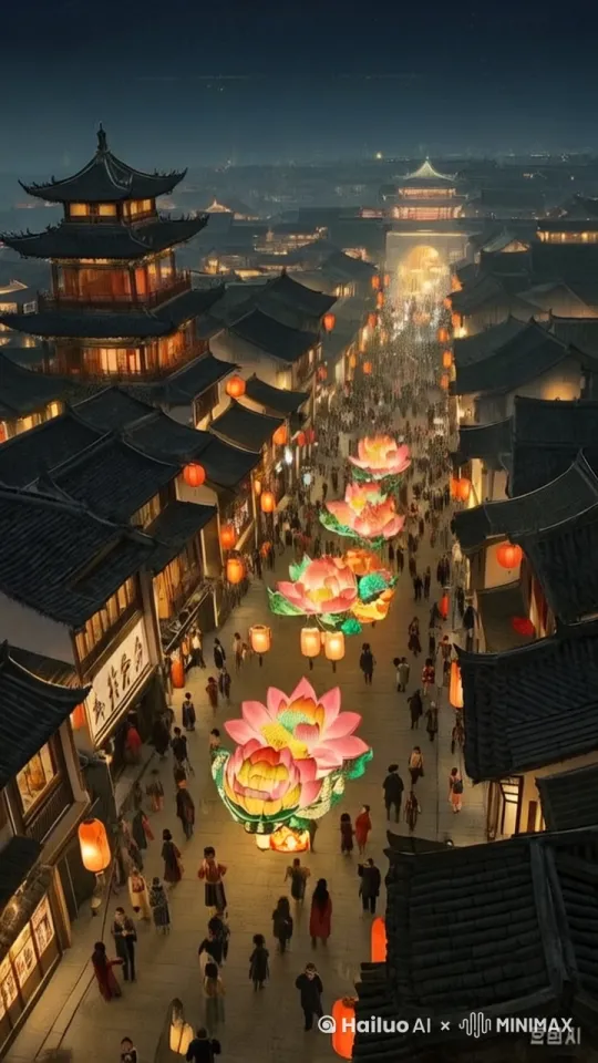 古风繁华都市夜景，夜空墨蓝，城墙上灯笼红亮，街市灯火辉煌如星河。街道上，人们身着传统节日华服，手持形态各异的精美花灯，脸上满是喜悦，沉浸在欢乐的节日氛围里 by Hailuo AI Video Generator