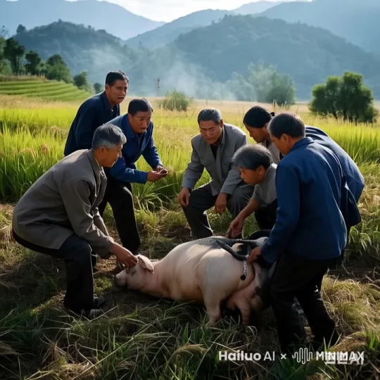 镜头拉远，猪挣脱束缚跳起来，人们赴紧追捕 by Hailuo AI Video Generator