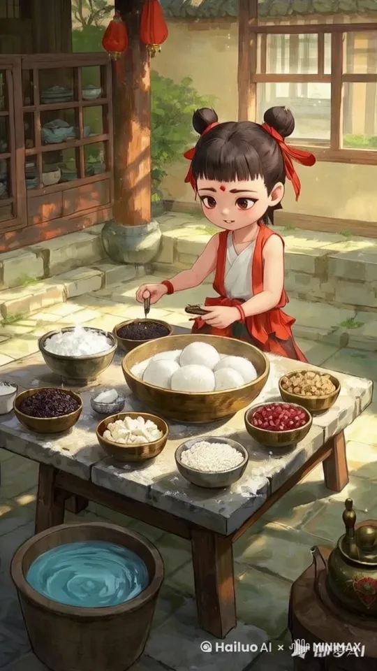 哪吒兴致勃勃地降落到自家颇具古风韵味的院子里。院子中间摆放着一张古朴的石桌，石桌上整齐地摆满了做元宵的材料。洁白细腻的糯米粉堆放在一个大盆中，旁边几个小碗里分别盛放着色泽诱人的豆沙馅、香气扑鼻的芝麻馅和颗粒饱满的花生馅。还有一个精致的铜盆，里面盛着清澈的水，在阳光的照耀下波光粼粼。 by Hailuo AI Video Generator