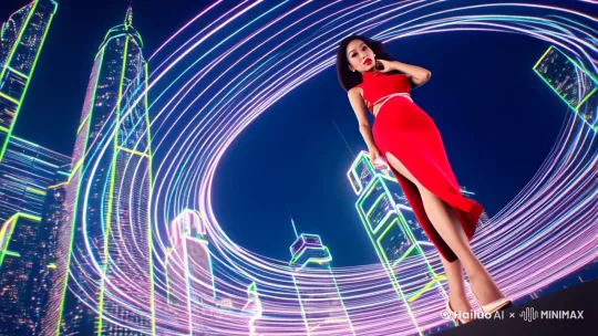 (cinematic ultra close-up:1.3), (25-year-old East Asian woman:1.5), 
[almond-shaped eyes + rosy cheeks + glossy lips], 
(slender neck:1.2), (hourglass figure:1.6), 
[bodycon red qipao dress with high side slit:1.7], 
(crisscross backless design:1.4), (transparent chiffon sleeves), 
(pearl waist chain accessory), 
(stiletto heels:1.3), 
neo-futuristic cityscape background with neon holograms, 
dramatic rim lighting accentuating curves, 
soft diffused fill light, 
(camera circling around subject:1.4), 
low-angle shot emphasizing leg length, 
(slow-motion hair flip:1.2), 
hand gracefully touching collarbone, 
(sensual but elegant movement:1.5), 
8K resolution, Unreal Engine 5 rendering, 
Marvelous Designer fabric simulation, 
RTX ray tracing, 
motion blur at 60fps, 
subtle skin subsurface scattering, 
depth of field focusing on facial features, 
--ar 9:16 --style cinematic --v 6.0 by Hailuo AI Video Generator