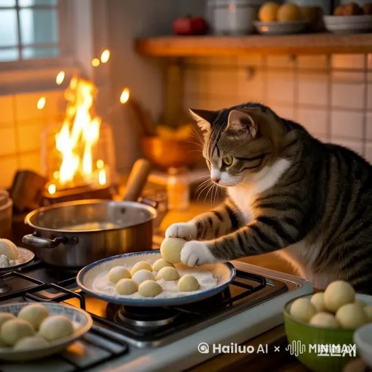 镜头拉远，萌猫双手动作麻利的揉搓着汤圆，有热气蒸腾，火苗摇晃 by Hailuo AI Video Generator