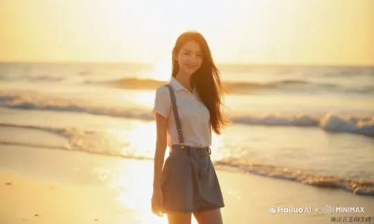 这个美女在沙滩上漫步，回眸一笑。 by Hailuo AI Video Generator