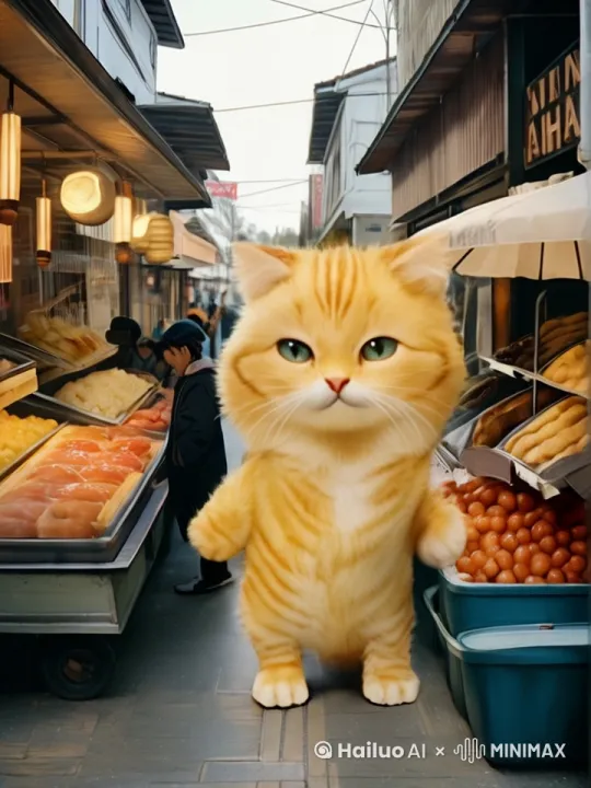 一只猫咪在市场上买菜 by Hailuo AI Video Generator