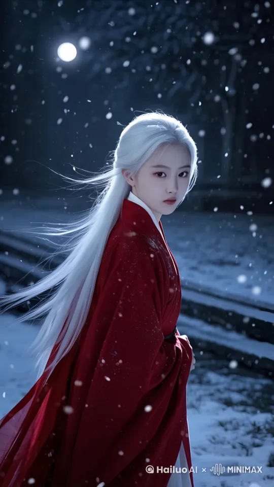 雪花飘落，长发飘飞，女孩抬头闭眼，享受美好 by Hailuo AI Video Generator