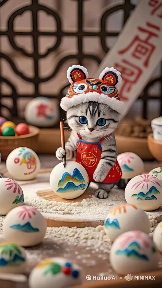 猫咪开心的在元宵上画山水图案，动作流畅真实。 by Hailuo AI Video Generator
