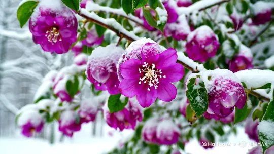 百余朵寒梅花在大雪中缓缓绽放 by Hailuo AI Video Generator