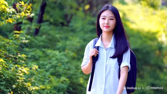 中国女大学生小夏穿着休闲套装，背着双肩包，披肩的长发随微风飘逸，[跟随] by Hailuo AI Video Generator