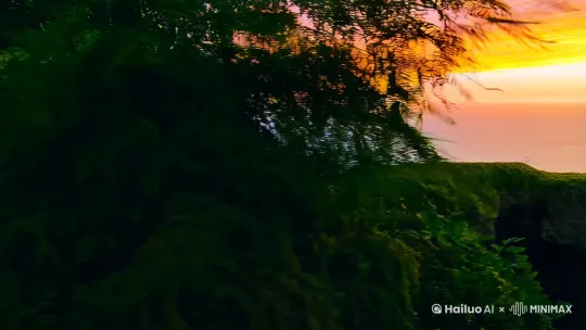 一黑一白两只狸花猫一起从森林里跑出，走到一处悬崖边上，然后坐到悬崖边看夕阳 by Hailuo AI Video Generator