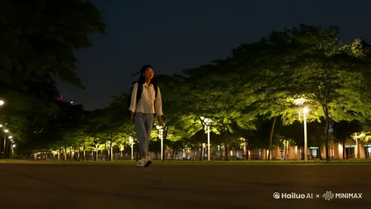 傍晚的校园内，早已华灯初上，中国女大学生小夏穿着休闲套装，背着双肩包，披肩的长发随微风飘逸着，脚上的白色球鞋在夜幕下的林荫小道上显的格外耀眼[上升][跟随] by Hailuo AI Video Generator