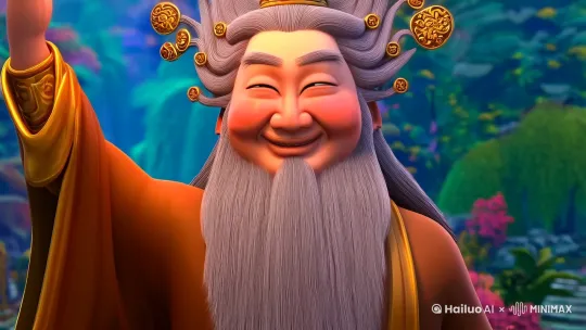 财神爷面庞圆润，两颊泛着红光，眯起的双眼满是慈爱，花白的胡须随风轻摆，每一根都透着岁月沉淀的祥瑞。他右手高举金元宝，元宝光芒夺目，洒下的金光如细密的春雨，润泽四方。左手轻轻抚着胡须 by Hailuo AI Video Generator