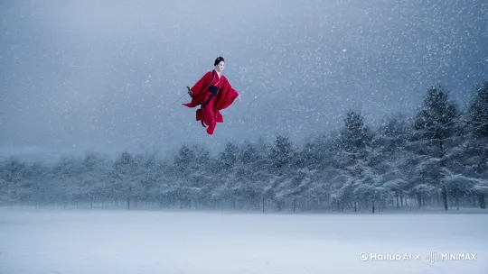 大雪纷飞，身穿汉服红衣美女执剑踏空飞来。她轻盈地落在雪地上。雪花在她身边飘落。 by Hailuo AI Video Generator
