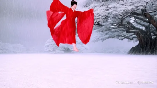 大雪纷飞，身穿汉服红衣美女踏空飞来。她轻盈地落在雪地上，慢慢的走向参天大榕树下 by Hailuo AI Video Generator