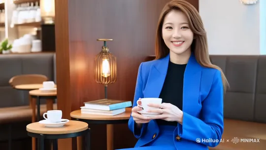 一位穿着蓝色职业装的美女坐在咖啡厅里，手中捧着一杯咖啡，面带微笑，咖啡厅的背景装饰现代而温馨，桌上放着几本书和一个小台灯，营造出一种舒适而宁静的氛围。 by Hailuo AI Video Generator