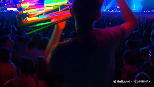 一个人把好几十个荧光棒拼成一个扇子形状的荧光棒，并在演唱会挥动 by Hailuo AI Video Generator