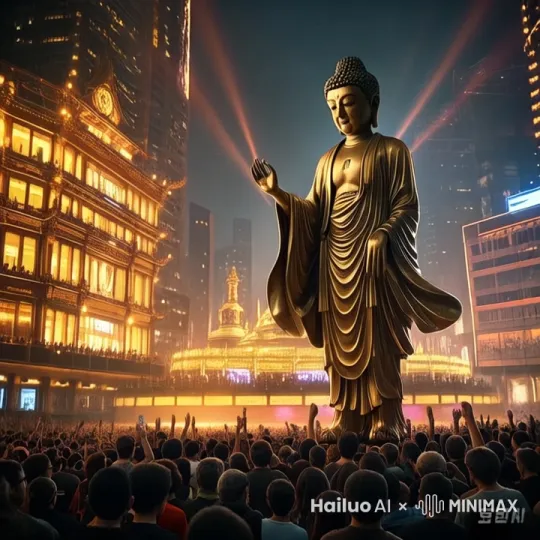 尊高大的铜制佛祖从舞台角落缓缓升起。佛祖面容依旧庄严，可紧接着，他的动作却让所有人都惊掉了下巴。
只见佛祖的右脚轻快地抬起，在空中俏皮地画了个圈，随后稳稳落下，带动左脚迅速跟上，踏出一连串活泼的节奏，像是在与大地轻快地对话。他的手臂舞动起来，一会儿高高扬起，像是要拥抱天空，一会儿又快速摆动，仿佛在和微风嬉戏。双手的动作更是灵动，手指快速地弯曲、伸展，如同活泼的小精灵在欢快地舞蹈。
随着音乐节奏加快，佛祖的身体也开始大幅度地扭动。他的腰肢灵活地左右摆动，带动着衣袂像蝴蝶的翅膀般轻盈飞舞。那原本沉重的铜身，此刻却仿佛没有了重量，每一个动作都充满了活力与欢乐。他还时不时地转个圈，铜身反射出的光芒在舞台上快速闪烁，如同夜空中快速划过的流星。 by Hailuo AI Video Generator
