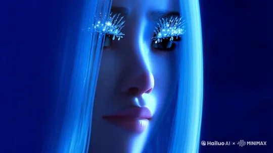 记忆舱蓝光中睫毛结冰晶特写→苏棠发丝扫过鼻尖慢镜头 by Hailuo AI Video Generator