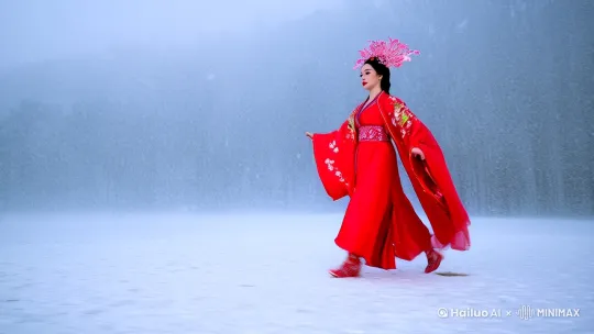 大雪纷飞，身穿汉服红衣美女，霞冠凤披，脚穿绣花鞋，由天际踏空飞来。她轻盈地落在雪地，优雅的走向参天大榕树下 by Hailuo AI Video Generator