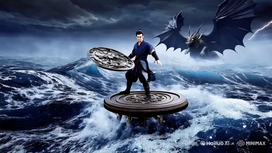 **场景**：哪吒手持混天绫和乾坤圈，脚踏风火轮，在波涛汹涌的海面上与龙王战斗。
     - **风格**：中国传统水墨画或现代动漫风格。
     - **细节**：海浪、龙、闪电、天空等。 by Hailuo AI Video Generator