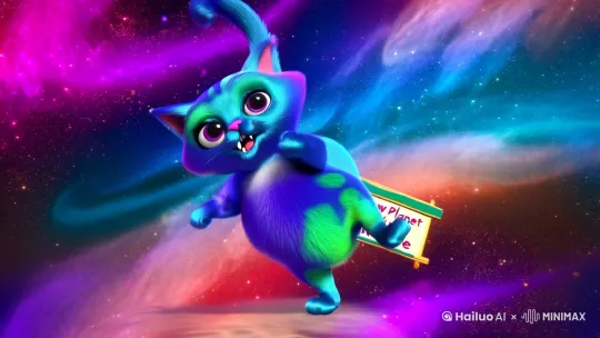 表情主题
一只在太空中跳霹雳舞的外星猫咪
画面主体
外星猫咪形象 :身体呈蓝紫色,带有荧光的绿色斑点,毛发蓬松且具有金属质感,耳朵尖尖的,眼睛大而圆,闪烁着好奇和俏皮的光芒,嘴巴微微张开,露出一颗小虎牙。
动作姿态 :做出经典的霹雳舞动作,单爪撑地,身体向一侧倾斜,另一只前爪向前伸展,两条后腿弯曲,尾巴高高翘起,仿佛在随着音乐摆动,周围有一些因为跳舞而扬起的 “太空尘埃” 粒子,增加动感。
背景
太空场景 :以深邃的宇宙为背景,有各种形状和颜色的星云,如粉色、蓝色、紫色的星云交织在一起,营造出梦幻般的氛围。远处有一些闪烁的星星和行星,行星的颜色各异,有橙色、青色等,增加画面的丰富度。
元素点缀 :在猫咪的周围可以有一些漂浮的太空垃圾,比如一个小小的宇航员头盔、一块写着 “喵星人到此一游” 的牌子,以及一些发光的外星植物的种子,这些元素都带有卡通风格,与猫咪的形象相呼应,增添趣味性。
色彩风格
整体色彩鲜艳明亮,对比度较高,以突出外星猫咪和太空背景的奇幻感。蓝紫色的猫咪与彩色的星云形成鲜明对比,荧光绿色的斑点在暗色背景中格外醒目,同时也能与周围的星星相互呼应,营造出一种神秘而又活泼的氛围。
细节处理
光影效果 :根据太空中的光源(可以假设有一颗恒星在画面的一侧)来确定光影,猫咪身体的受光面和背光面要有明显的区分,星云的光影也要有层次感,增强画面的立体感。
表情细节 :猫咪的眼睛可以设计成一种半透明的质感,里面仿佛有星星在闪烁,嘴巴周围的胡须可以根据动作做出相应的摆动,使其表情更加生动形象。 by Hailuo AI Video Generator