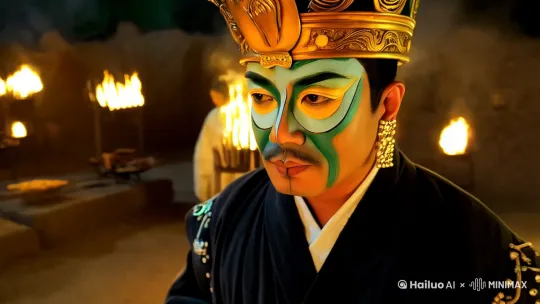 图片里的人物正在主持上古时代三星堆的大型祭祀仪式，要有三星堆大型祭祀的现场，火光闪烁，运镜自然，高清晰度 by Hailuo AI Video Generator
