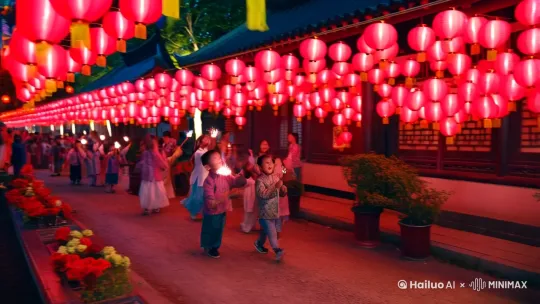 有中国情节的过年视频，场景必须有灯笼、小孩放鞭炮，4k超高清 by Hailuo AI Video Generator