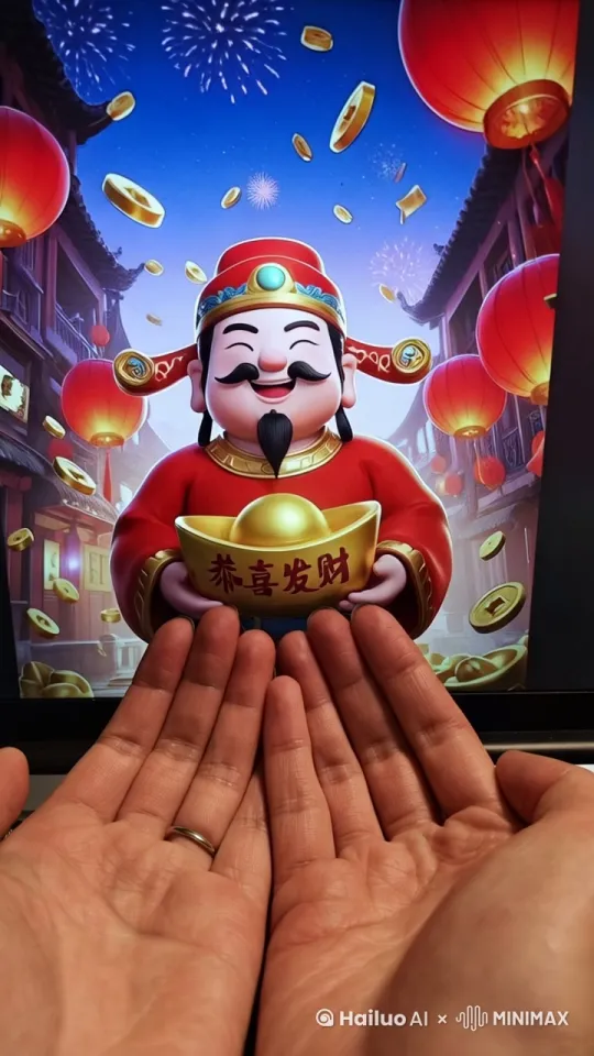 财神爷把手里“恭喜发财”的元宝放到屏幕前的手掌上 by Hailuo AI Video Generator
