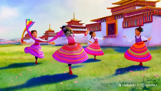 主体描述：
"五位藏族风格少女/dancing Tibetan-style maidens，身穿彩虹条纹围裙/rainbow striped aprons，藏式长袖服饰/traditional long-sleeved costume，佩戴银饰项链/silver necklace"

动态特征：
"轻盈跳跃动作/light jumping movements，旋转飞舞的裙摆/spinning flying skirts，飞扬的彩色绸带/flying colorful ribbons，欢快的面部表情/joyful facial expression"

场景氛围：
"阳光明媚的溪边草地/sunny riverside meadow，背景有传统藏式建筑/Tibetan architecture in background，飘落的桃花瓣/falling peach petals，卡通化阳光粒子/cartoon sunshine particles"

风格参数：
"迪士尼动画风格/Disney animation style，柔和水彩质感/soft watercolor texture，高饱和度色彩/high saturation colors，动态模糊效果/motion blur effect"[右移,左摇,跟随] by Hailuo AI Video Generator