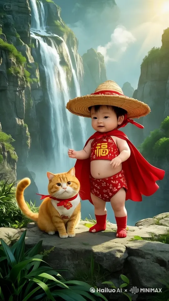 镜头推进跟踪拍摄婴儿和橘猫一起转身跃起顺着瀑布向上飞行。飞到瀑布顶端，顺着河流继续向远处飞行。他们的披风随风飘动镜头一直跟踪拍摄。 by Hailuo AI Video Generator