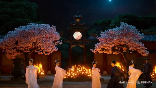 正月十五夜》唐·苏味道火树银花合，星桥铁锁开。暗尘随马去，明月逐人来。游妓皆秾李，行歌尽落梅。金吾不禁夜，玉漏莫相催。 by Hailuo AI Video Generator