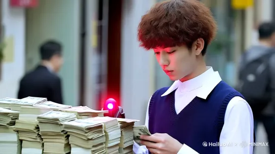 陆星是一位18岁年轻的中国男性且拥有清爽少年感+学霸气场+微卷袖口细节,发型:栗棕色碎盖短发+自然蓬松纹理,服装:立领白衬衫+藏青色学院风针织背心,他站在街边低头数钱,手中小型验钞机红光微微闪烁,钞票堆成小山,钞票占画面1/4,验钞机灯光不要照射到陆星脸上,,时长3秒,以漫画的形式展现出来, by Hailuo AI Video Generator
