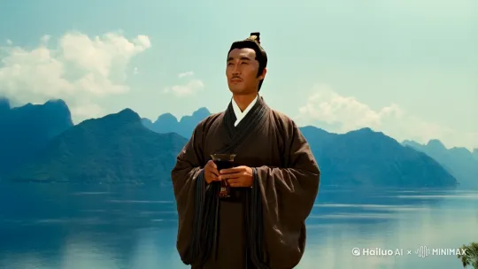 [变焦推进,跟随]身穿唐代男性服饰的李白边喝酒边看向远处的的山川湖泊，古风 by Hailuo AI Video Generator