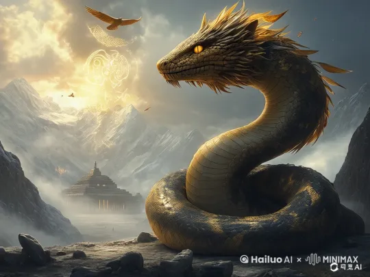 蟒蛇身子蠕动、嘴微微张开合拢、眼睛动，周围鸟动起来，周围云雾动起来。 by Hailuo AI Video Generator