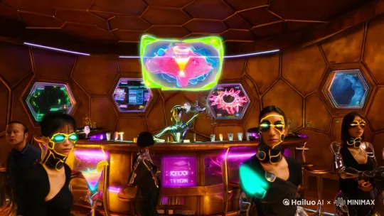 【镜头1/空间构建】
Neo-Tokyo cyberbar floating in orbital station, hexagonal energy shields replace walls, quantum holograms project fractal cocktails.
【镜头2/交互聚焦】
AI bartender with liquid-metal arms pours glowing neon plasma into anti-gravity glasses, patrons' neural interfaces pulse with data streams.
【镜头3/环境异变】
Sudden chromatic aberration distortion, holographic menus explode into nanobot swarms, augmented reality windows reveal cosmic storm outside.
【镜头4/能量觉醒】
Central bar counter erupts into quantum entanglement vortex, all tech elements reorganize into rotating "IA" hologram with photon lattice texture.
核心参数强化:
- **色彩系统**:霓虹紫(#8A2BE2)x 荧光绿(#00FF7F)动态渐变,暗部保留金属铜锈质感
- **动态特效**:透明流体材质模拟能量液 + 流体动力学破碎特效
- **运镜逻辑**:前8秒多轴环绕镜头展示细节,后7秒镜头随能量漩涡螺旋推进
- **叙事彩蛋**:背景暗处藏有仿生人顾客瞳孔闪现二进制代码
科技人文暗线:通过液态科技/神经交互/宇宙危机三重意象,在15秒内完成"未来享乐主义→技术失控→人机共生"的视觉哲学表达。 by Hailuo AI Video Generator