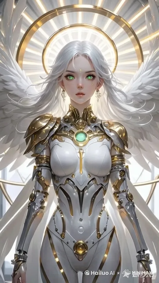 太阳女神降临人间，随风飘扬而动，仰视女神，身体有彩光蜿蜒流转，闪耀夺目 by Hailuo AI Video Generator