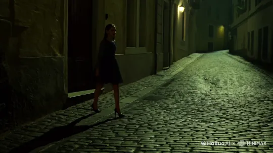 一条昏暗的小巷,灯光昏暗,青石板街道,一个女孩脚穿高跟鞋一个人走在小巷里,在寂静的夜里,高跟鞋的声音格外清脆。女孩身穿来脚步声,女孩停下脚步,回头一看,不远处一个男人正跟在她身后,在这寂静的夜晚,镜头环绕,后拉,男人脸部特写 by Hailuo AI Video Generator