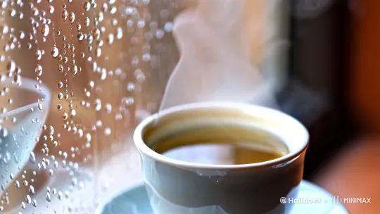 雨水打在窗户上，缓慢流动，窗户边是一杯热茶冒着热气，[固定镜头] by Hailuo AI Video Generator