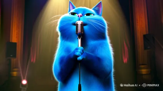 制作一段一个蓝色的胖猫拿着话筒唱歌的视频 by Hailuo AI Video Generator