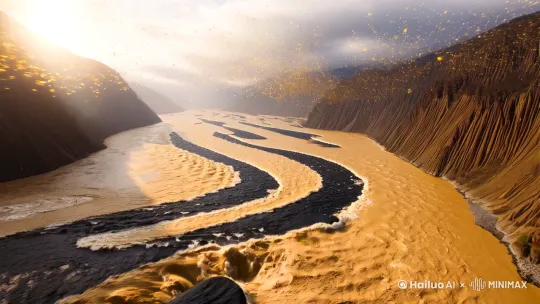 《浪淘沙·其一》刘禹锡
九曲黄河万里沙，浪淘风簸自天涯。
如今直上银河去，同到牵牛织女家。

画面脚本：

【镜头缓缓推开】
晨雾未散的黄河上游，九道如龙脊般的河湾在群山中蜿蜒。浑浊的巨浪裹挟着金砂，将两岸褐色的山岩冲刷出千层褶皱。阳光刺破云层，水珠在半空炸开万千碎金，风吼声里裹着远古羌笛的回响。

【镜头急速拉升】
航拍视角下，整条黄河化作翻涌的玄黄绸缎，支流如血管般在大地上延伸。浪尖上漂浮的枯木如同断戟，与漩涡中沉浮的巨石碰撞出闷雷。河面忽地隆起十丈狂澜，仿佛黄龙破水而出，鳞片是飞溅的泥浆与碎冰。

【运镜陡然魔幻】
滔天浊浪突然凝滞成琥珀色晶体，折射出星河流转的幻象。一叶木筏逆流直上，筏上诗人衣袂翻飞，手中酒葫芦泼出的琼浆化作银河碎浪。筏首劈开紫微星云，牛郎织女的茅屋在鹊桥尽头浮现，檐角风铃正叮咚作响。 by Hailuo AI Video Generator